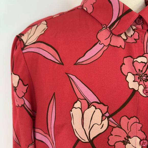 St. John Stretch Silk Button-Down Long Sleeve Shirt Poppy Red Floral 12 - Picture 3 of 12